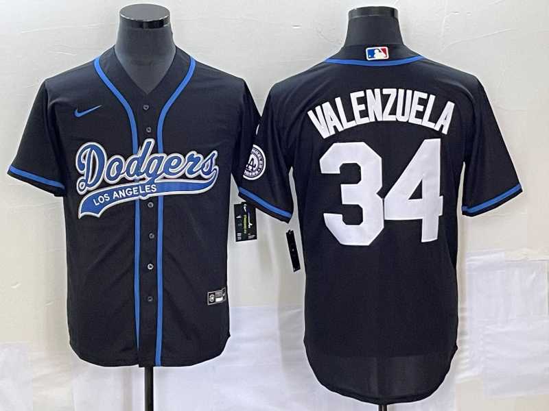 Mens Los Angeles Dodgers #34 Fernando Valenzuela Black With Patch Cool Base Stitched Baseball Jersey